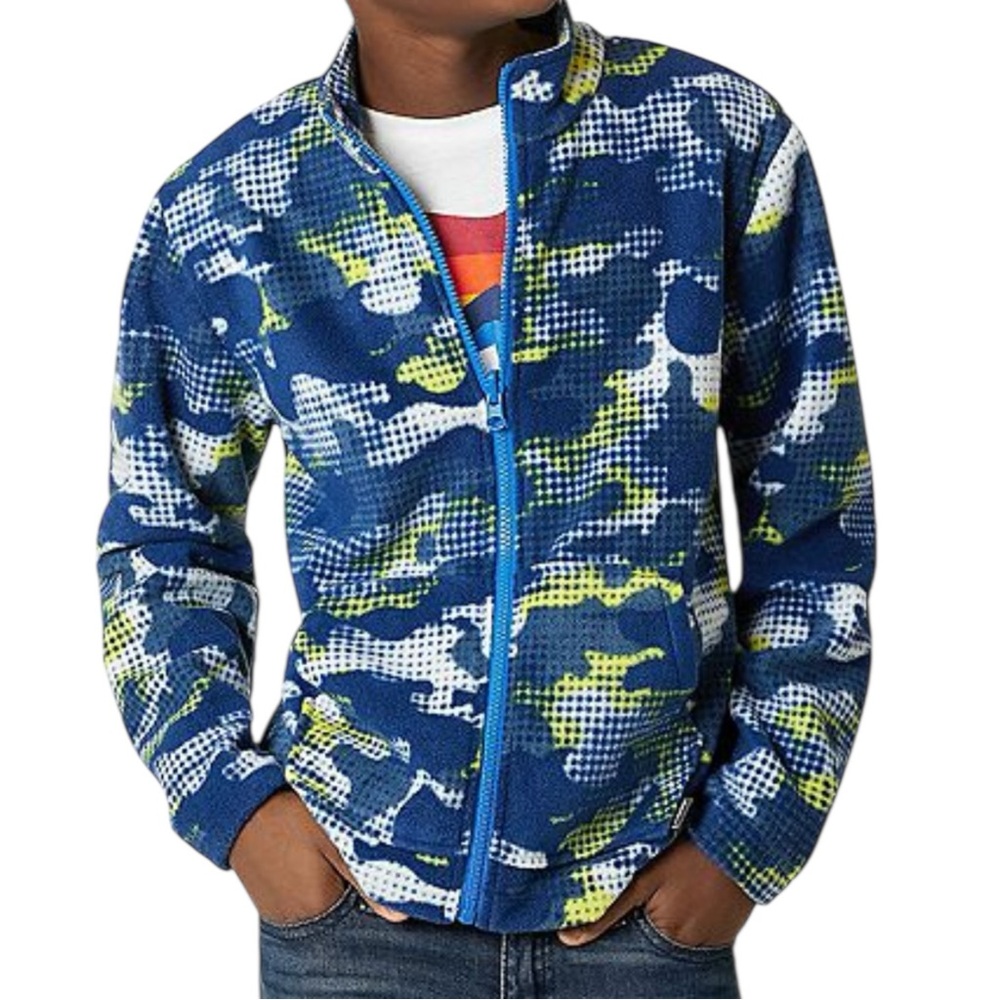 Eddie Bauer Boys M 10/12 Blue Yellow Camo Fleece Jacket Full Zip Pockets